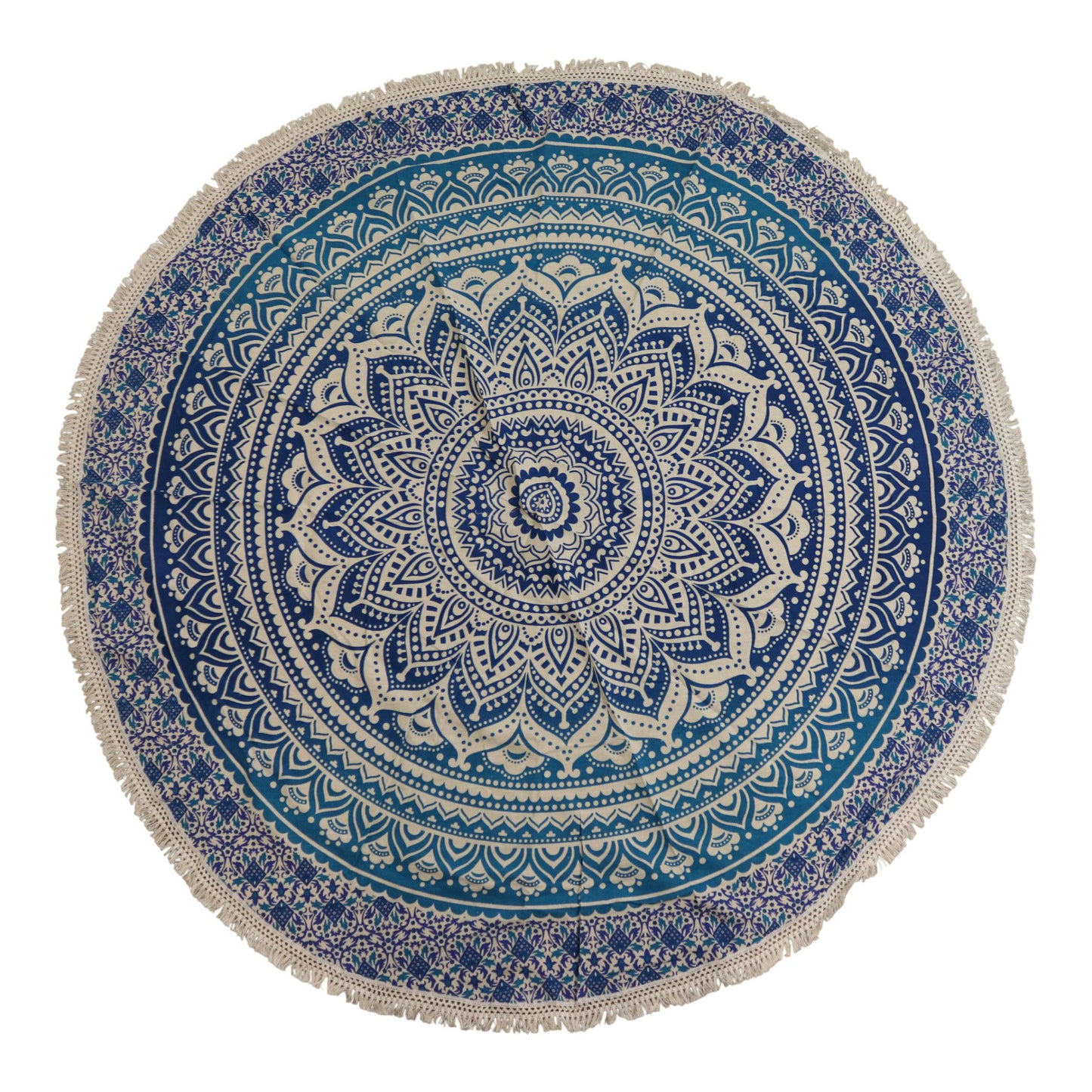 Circular blue cotton wall hanging featuring a white layered mandala design with delicate detailing.