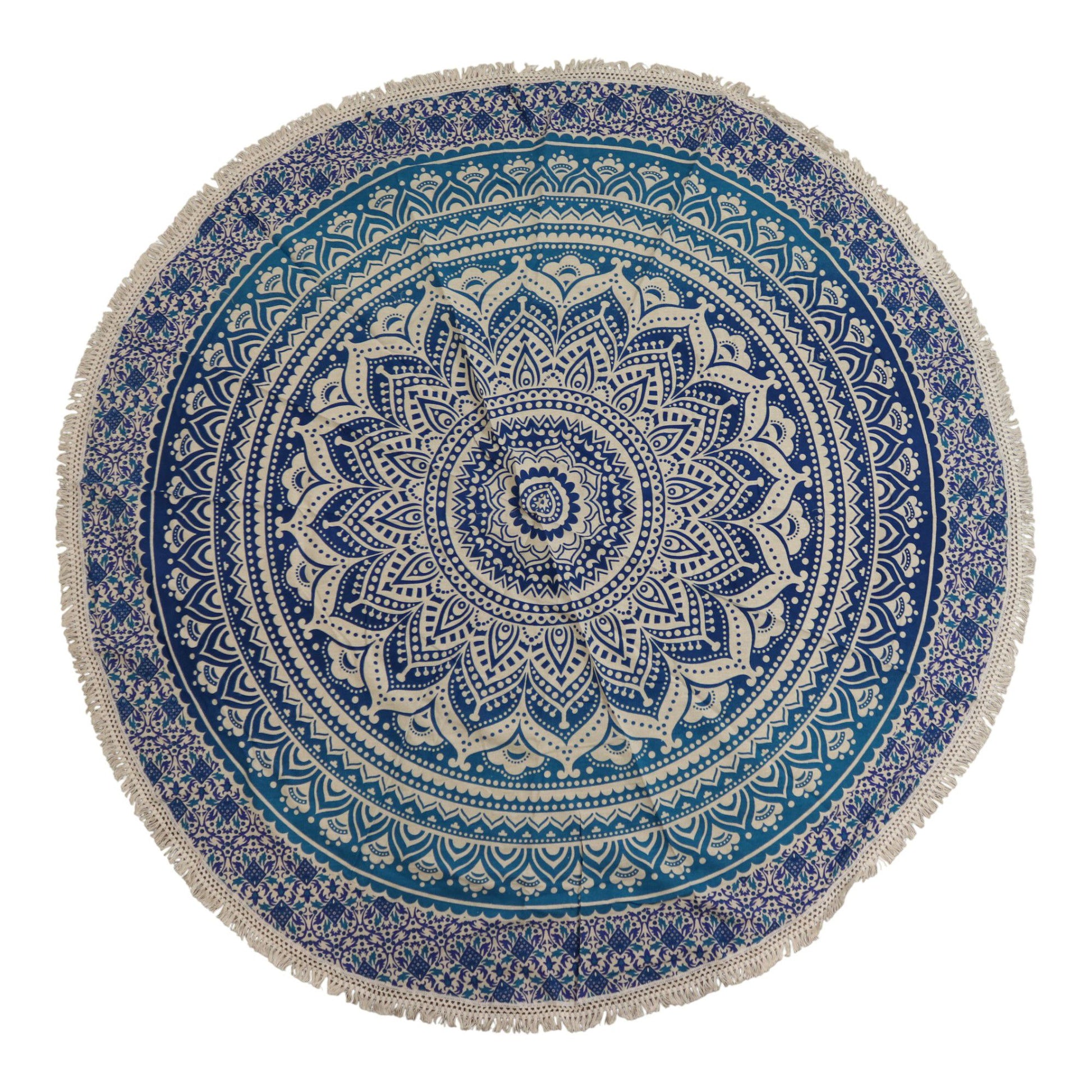 Circular blue cotton wall hanging featuring a white layered mandala design with delicate detailing.