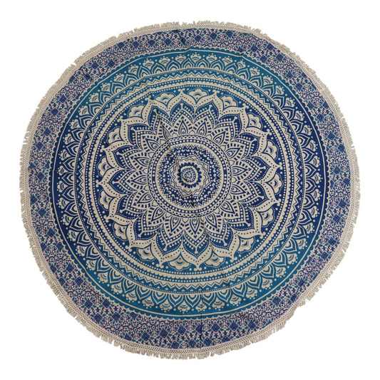 Circular blue cotton wall hanging featuring a white layered mandala design with delicate detailing.