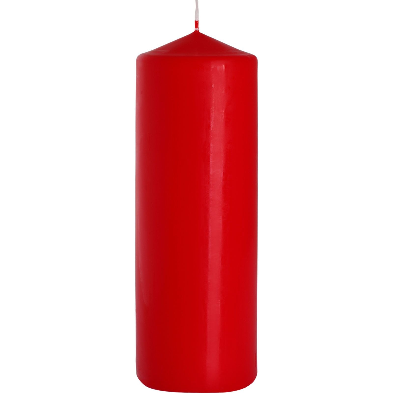 Large vibrant red unscented pillar candle with a smooth finish and a thick cylindrical shape.