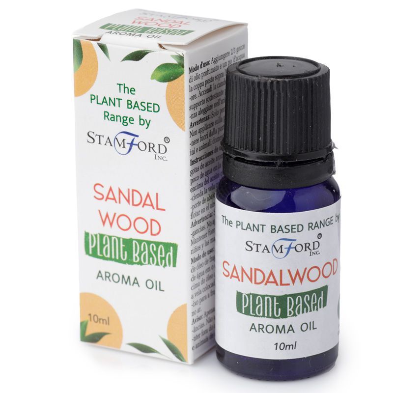 A small amber glass bottle of Sandalwood aroma oil with a minimalist label on a neutral background.