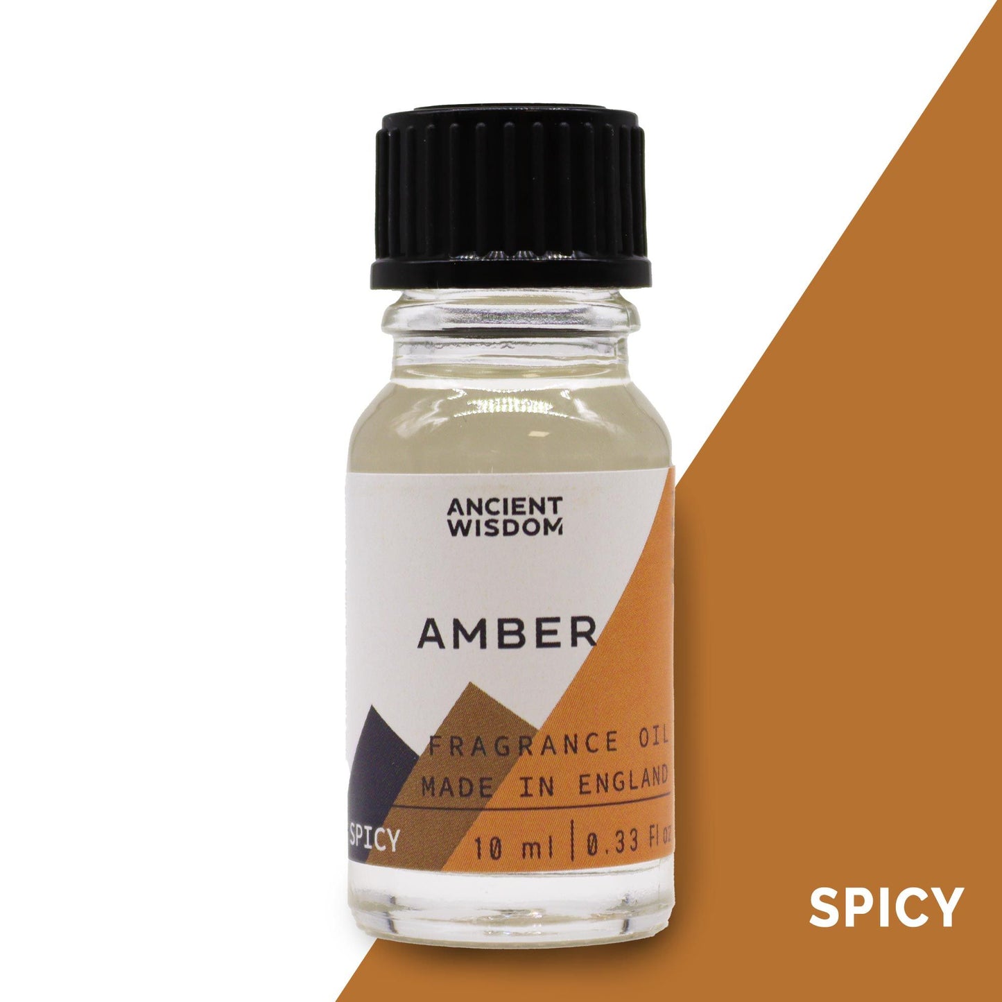Small amber glass bottle of fragrance oil with a black screw cap and a minimalist white label.