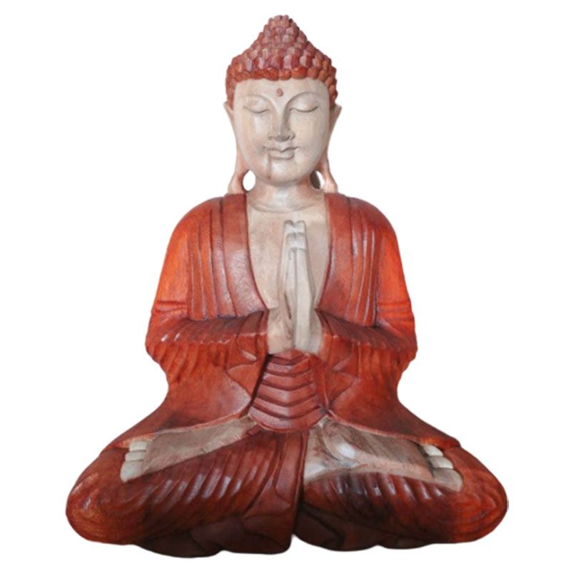 Detailed hand-carved Suar wood Buddha statue in a welcoming pose with natural wood grain finish.