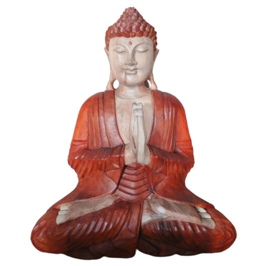 Detailed hand-carved Suar wood Buddha statue in a welcoming pose with natural wood grain finish.