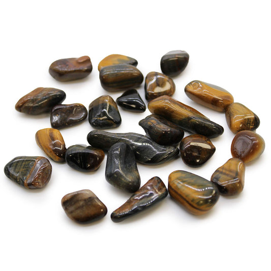 Small polished variegated tiger's eye tumble stones showing shimmering golden brown bands and chatoyancy.