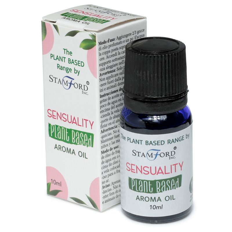 A small amber glass bottle of Sensuality aroma oil with a clean white label and black dropper cap.