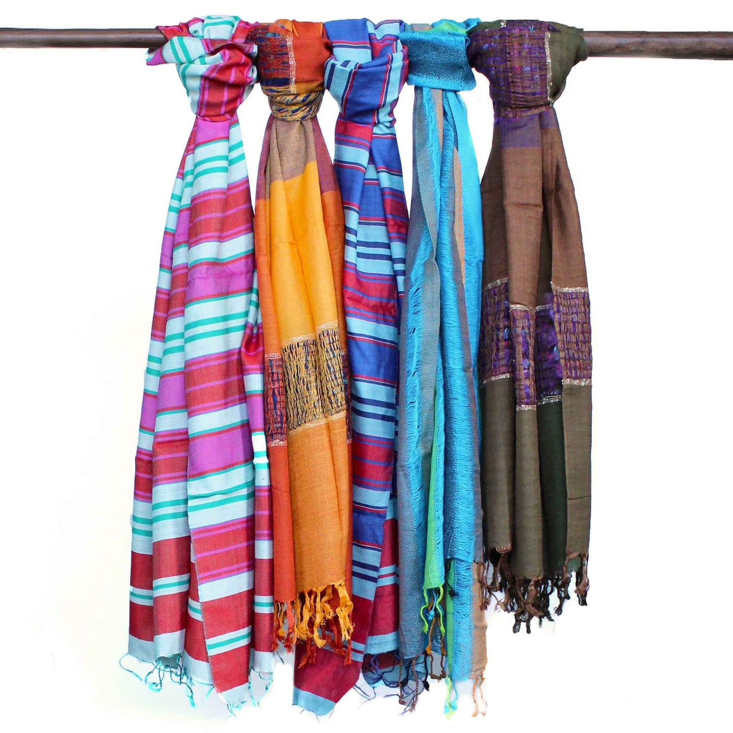 Large rectangular bohemian-style scarf featuring intricate patterns in various shades of blue with soft fringed edges.