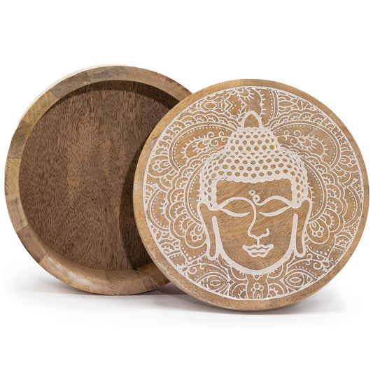 Large round wooden storage box with a whitewashed finish featuring a carved Buddha face on the lid.