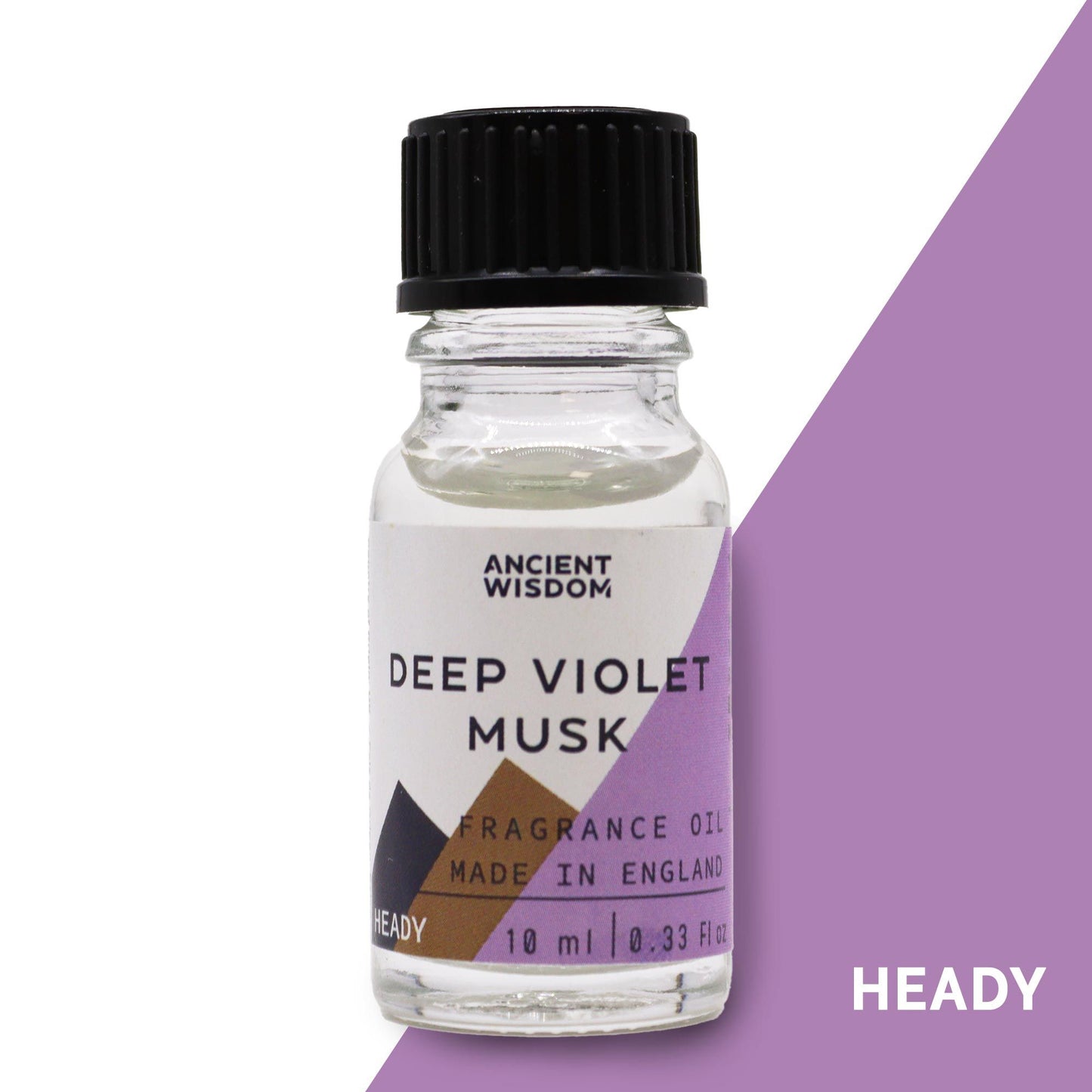 A 10ml amber glass bottle of Deep Violet Musk fragrance oil with a white dropper cap on a neutral background.