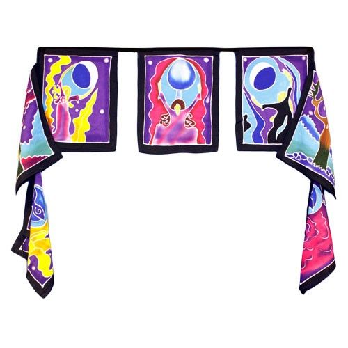Intricate batik wall hanging depicting a Moon Goddess in vivid colours, crafted with traditional wax-resist techniques.