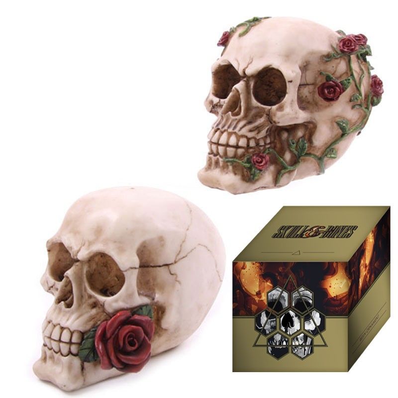 Intricately detailed Gothic skull ornament adorned with delicate roses, perfect for dark mystical home decor.