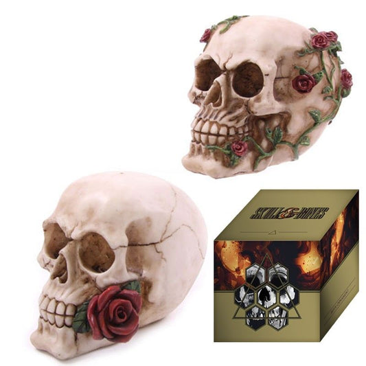 Intricately detailed Gothic skull ornament adorned with delicate roses, perfect for dark mystical home decor.