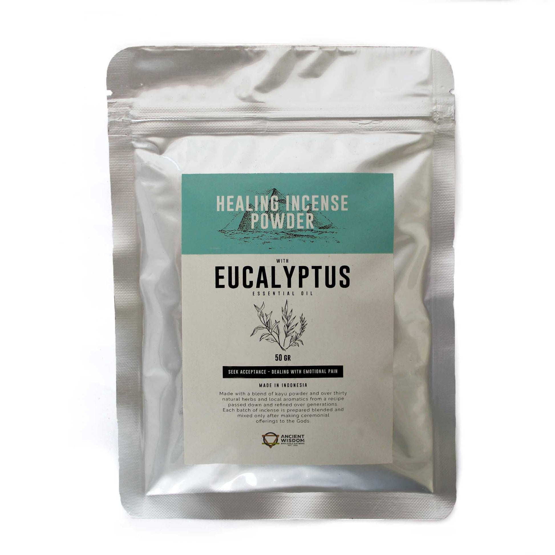 Fine green eucalyptus incense powder for use with a heat-resistant burner or incense mould.