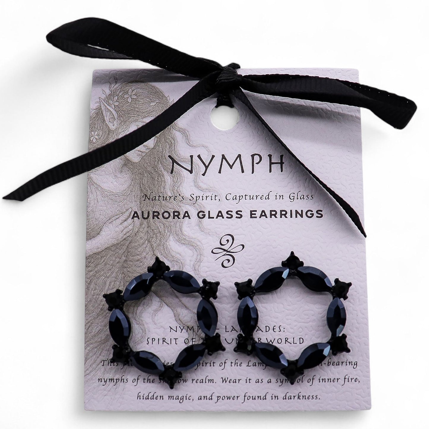 Sleek jet black vintage glass loop earrings with a smooth circular design and polished stainless steel finish.