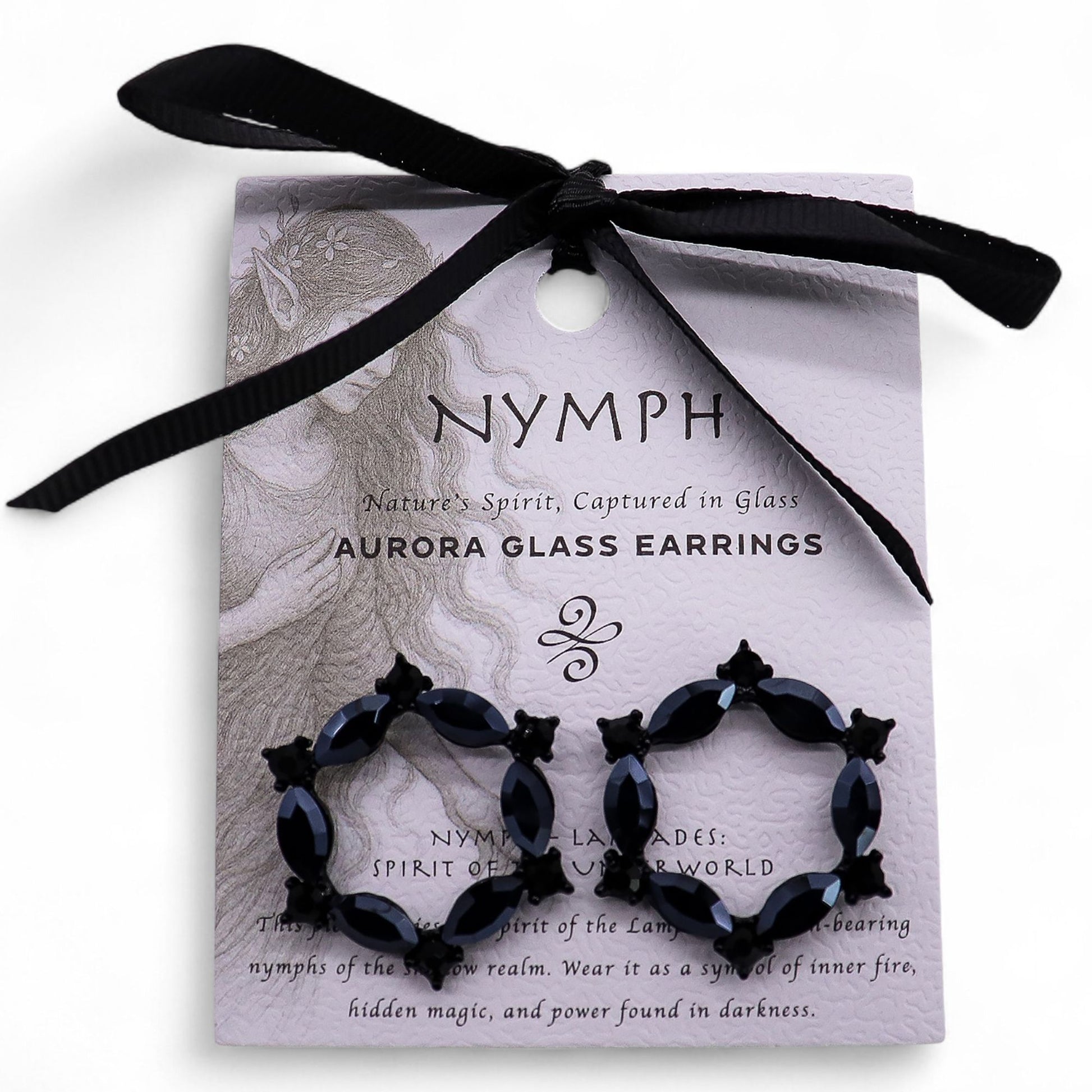 Sleek jet black vintage glass loop earrings with a smooth circular design and polished stainless steel finish.