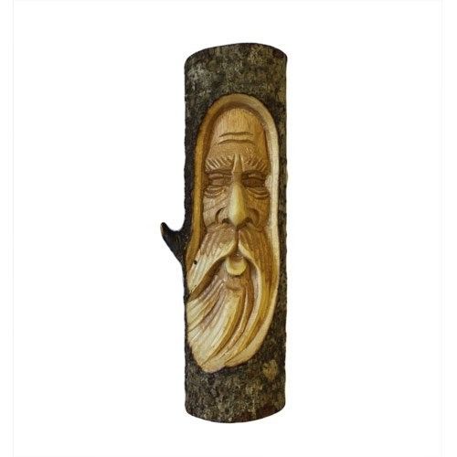 Hand-carved wooden tree stump sculpture featuring an intricate 'Man of the Wood' old man face.