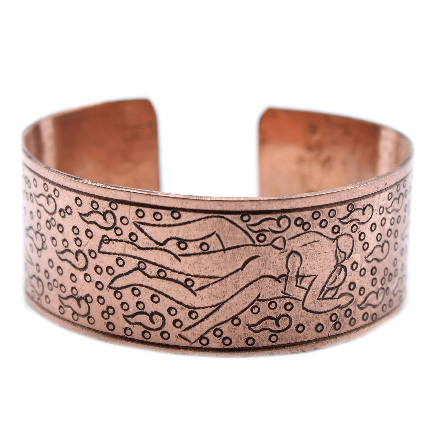 Adjustable copper Tibetan bracelet featuring intricate traditional mantra engravings and Eastern spiritual designs.