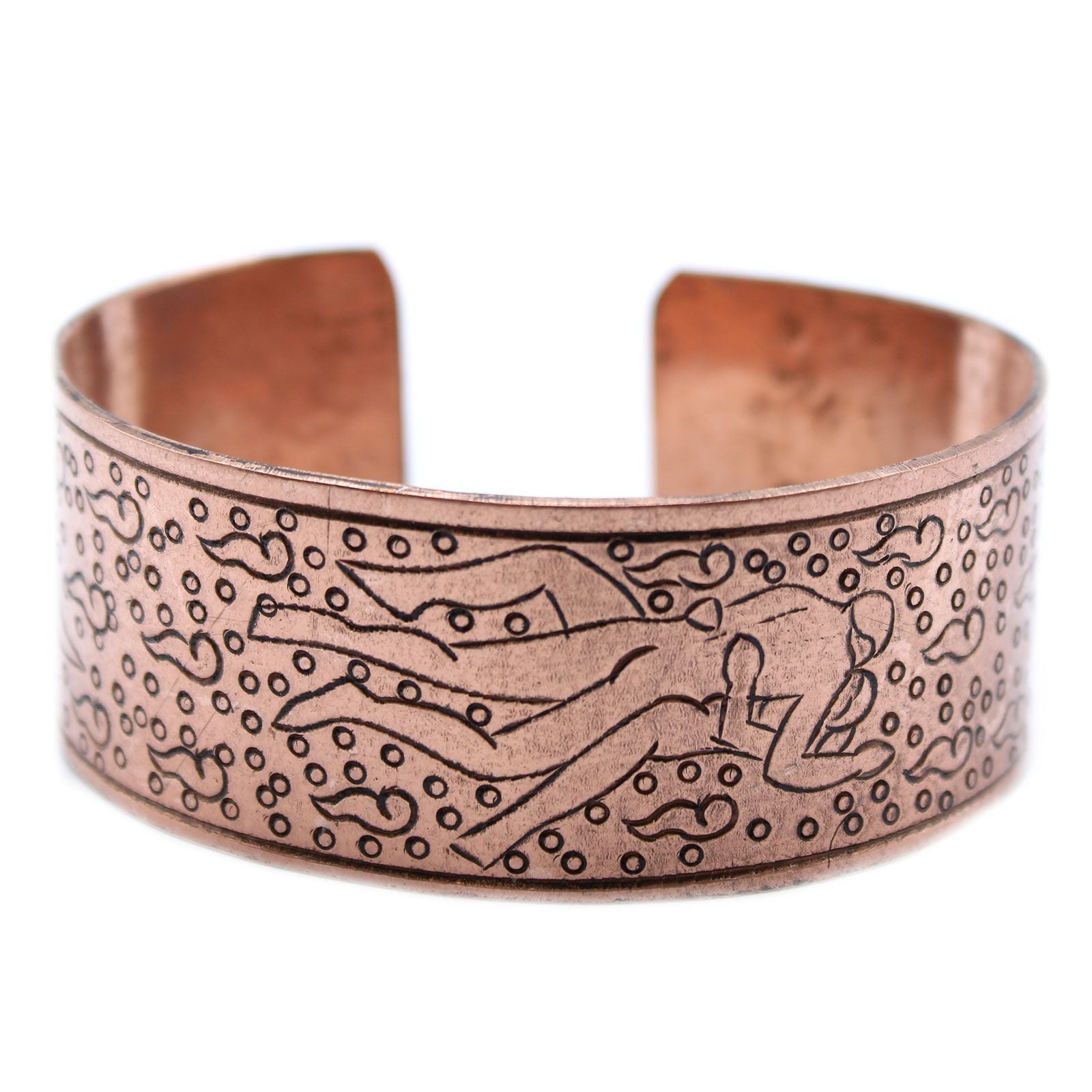 Adjustable copper Tibetan bracelet featuring intricate traditional mantra engravings and Eastern spiritual designs.