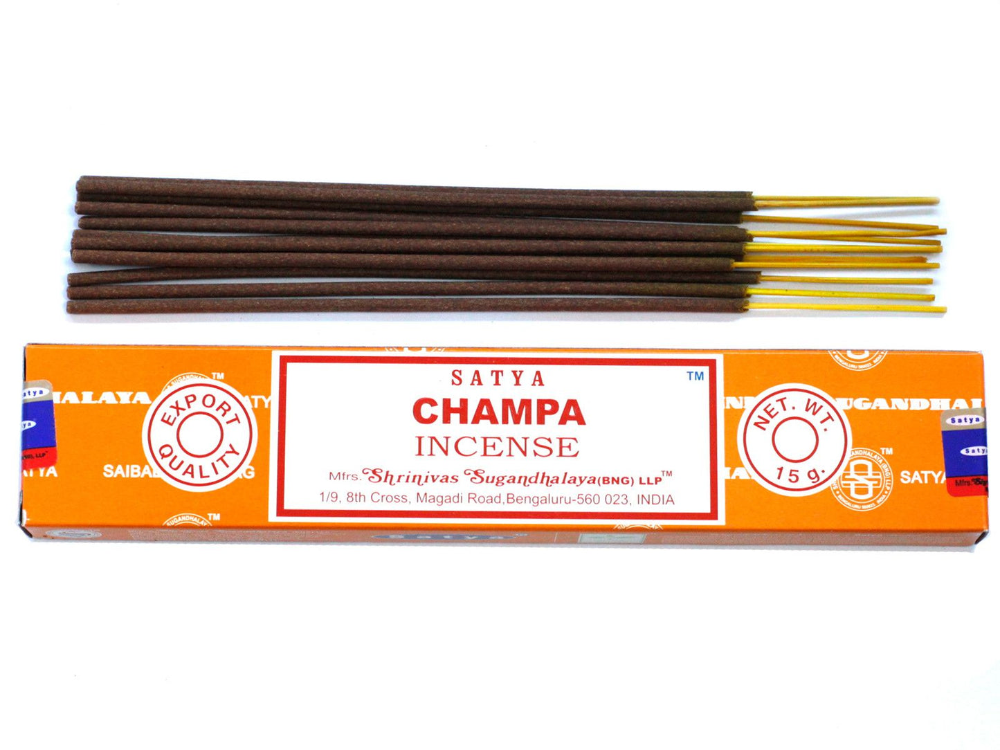 Hand-rolled Champa incense sticks in a traditional blue and white cardboard box packaging.