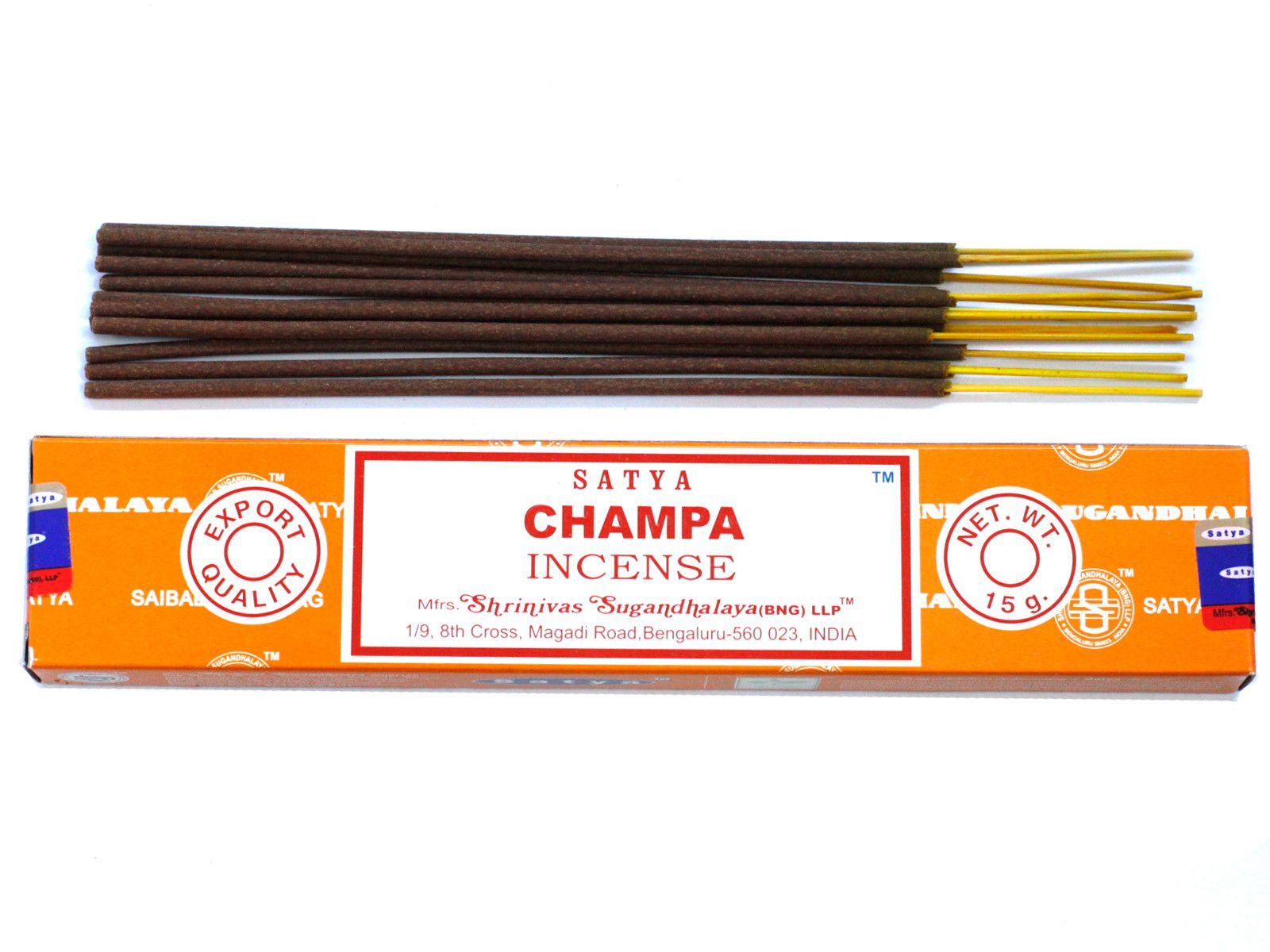 Hand-rolled Champa incense sticks in a traditional blue and white cardboard box packaging.
