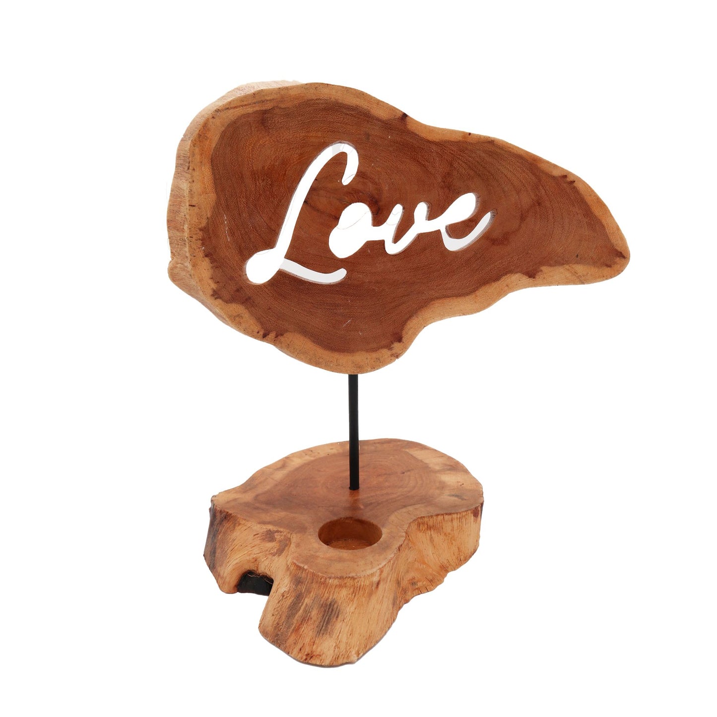 Handmade brown wooden candle holder with the word Love carved into the side in a rustic style.