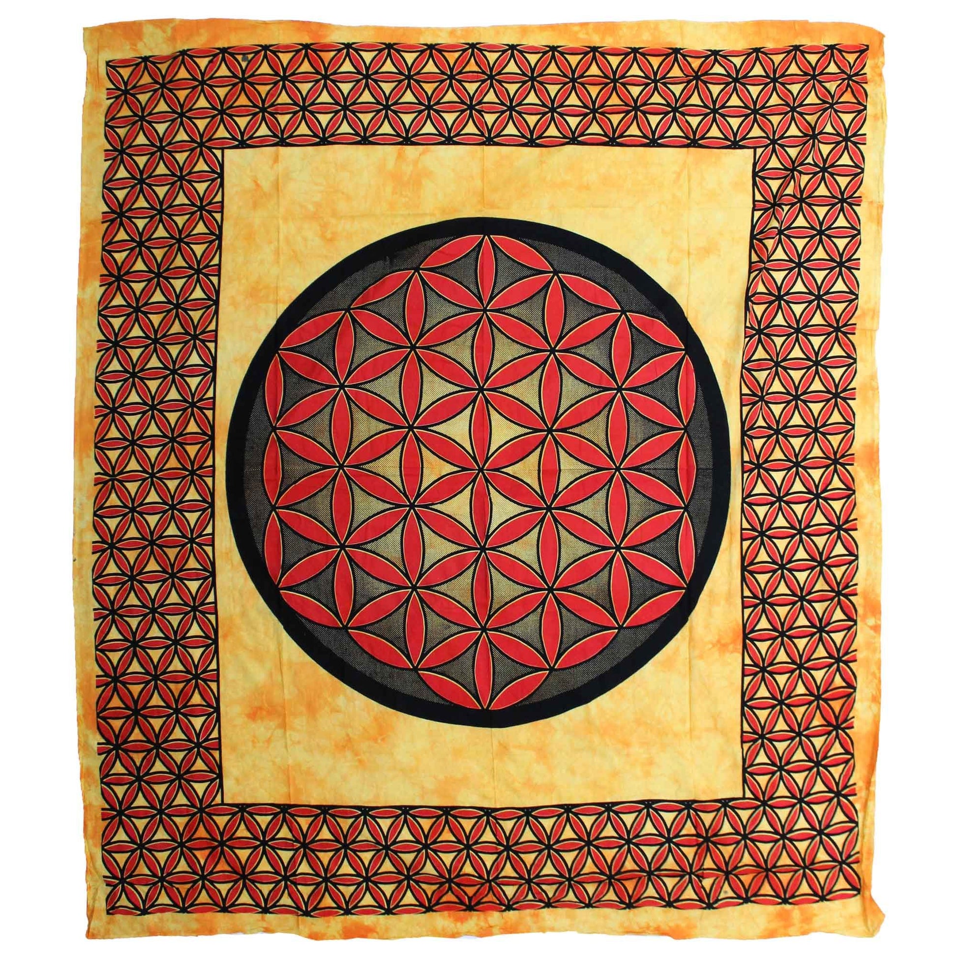 Vibrant orange double cotton bedspread featuring a white sacred geometry Flower of Life mandala pattern.