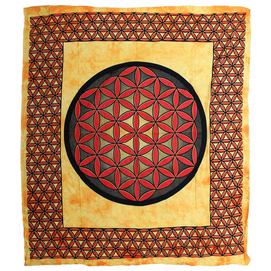 Vibrant orange double cotton bedspread featuring a white sacred geometry Flower of Life mandala pattern.
