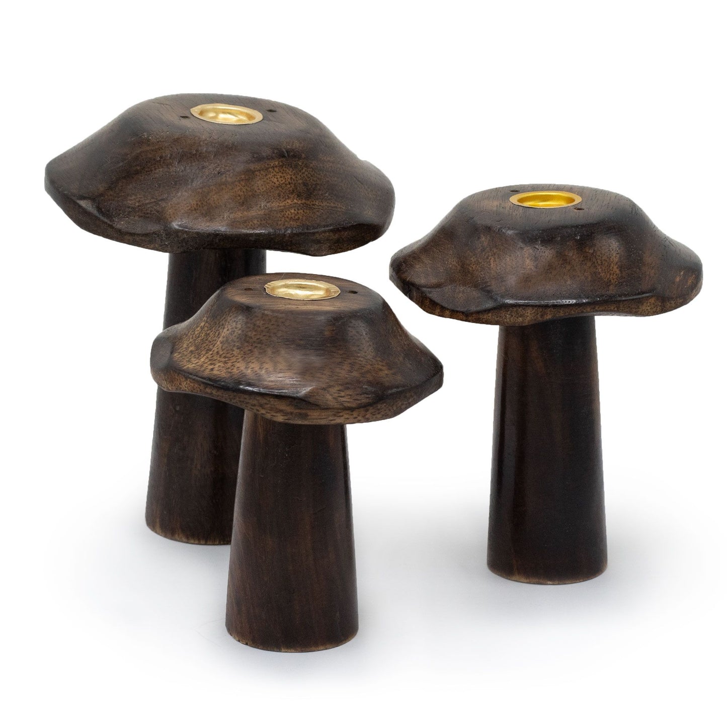 Three flat wooden mushroom-shaped incense cone holders in varying heights of 11cm, 12cm, and 13cm.