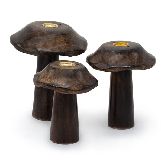 Three flat wooden mushroom-shaped incense cone holders in varying heights of 11cm, 12cm, and 13cm.