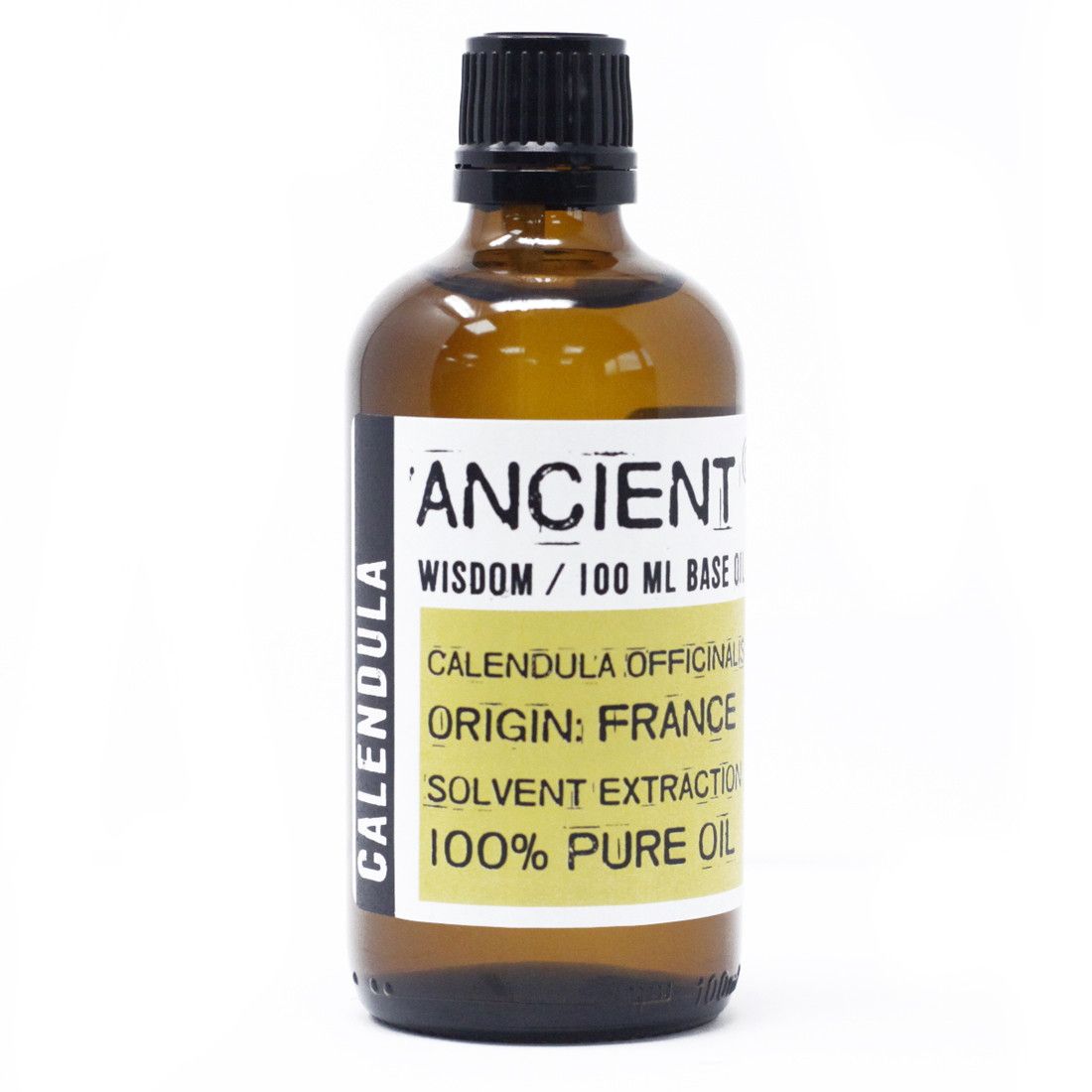 Clear bottle of golden calendula infused carrier oil with a simple white label and black cap.