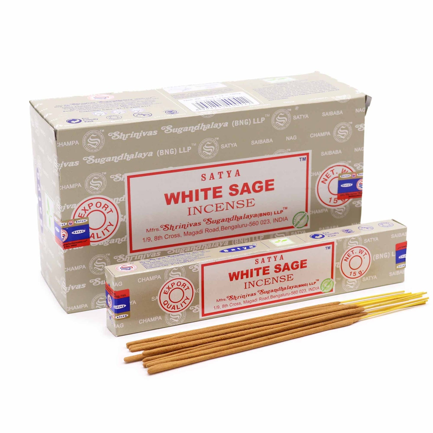 Hand-rolled incense sticks in a white sage scent, displayed in their signature blue and white rectangular packaging.