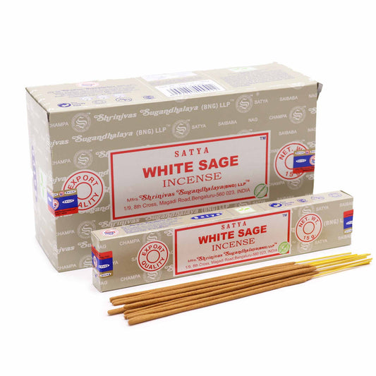 Hand-rolled incense sticks in a white sage scent, displayed in their signature blue and white rectangular packaging.