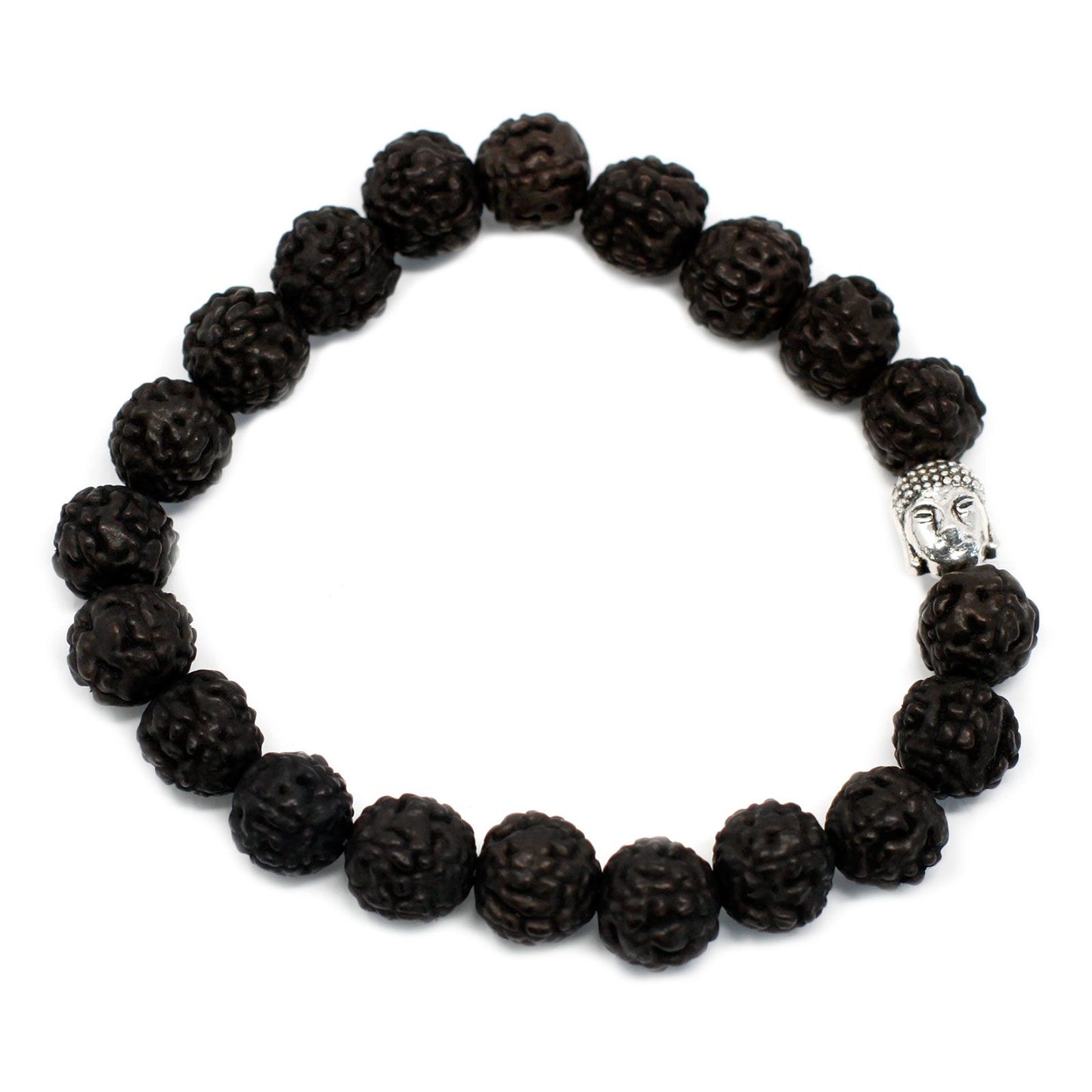 Dark brown Rudraksha bead bangle bracelet featuring a small Buddha head charm and 20 textured seeds.