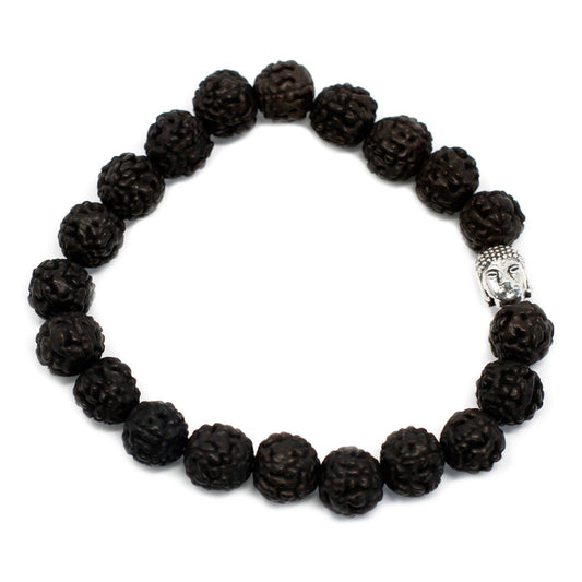 Dark brown Rudraksha bead bangle bracelet featuring a small Buddha head charm and 20 textured seeds.