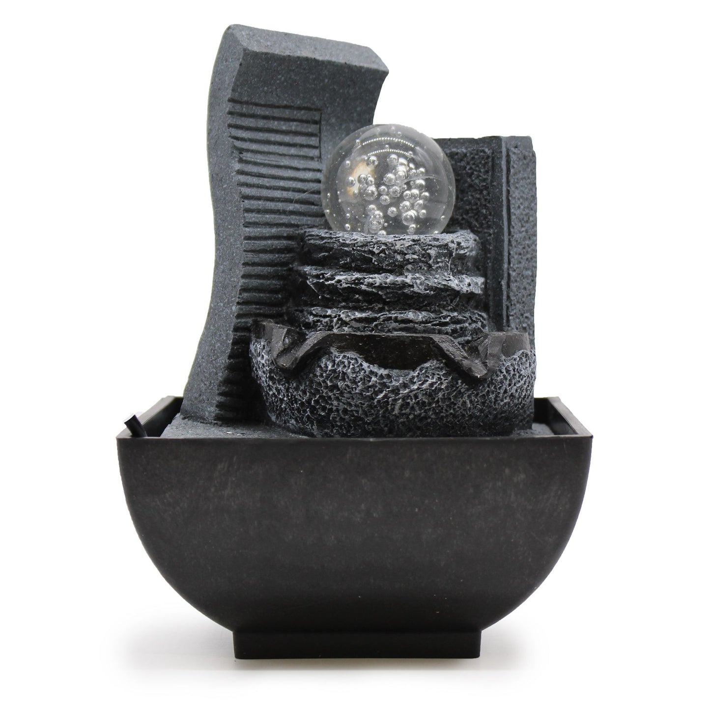 Small 18cm tabletop water fountain with a natural cascading grey rock formation design.