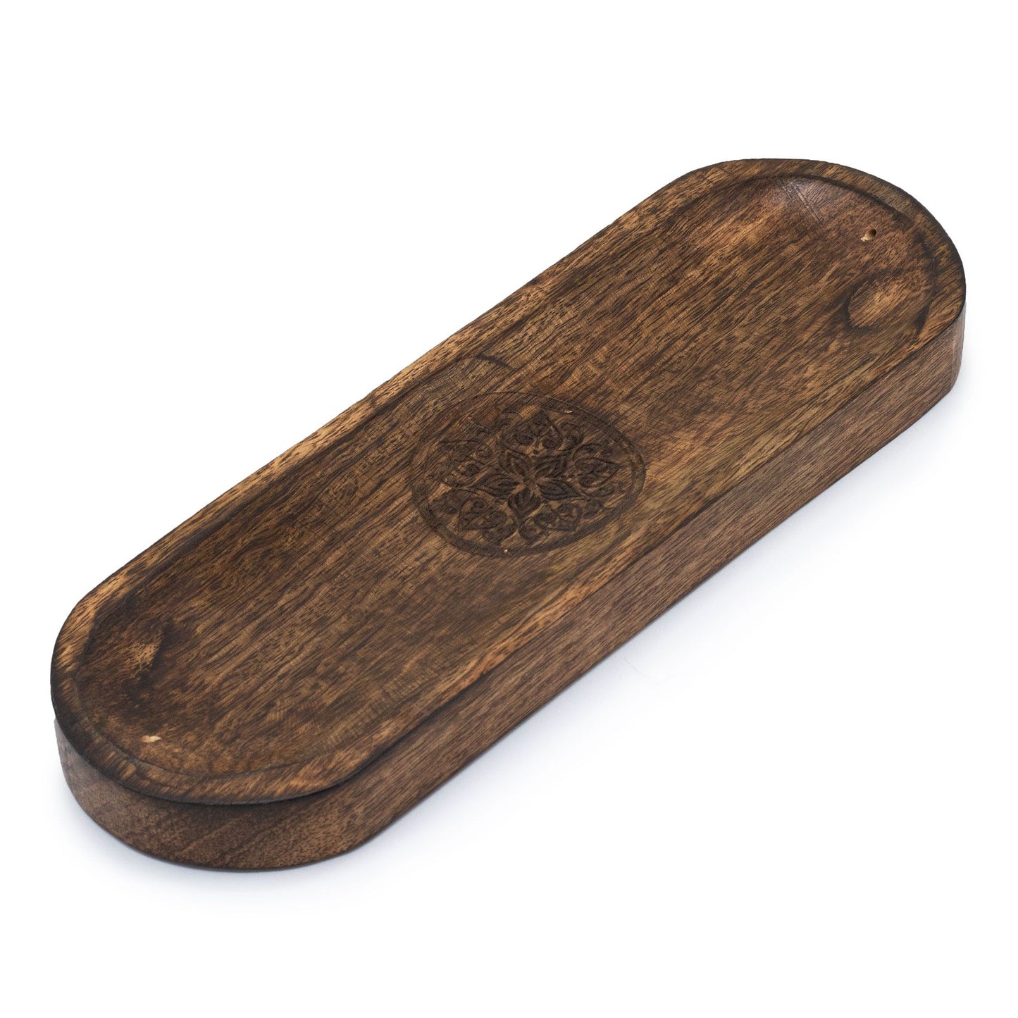 Large rectangular wooden incense tray featuring an intricate carved mandala design in the centre.