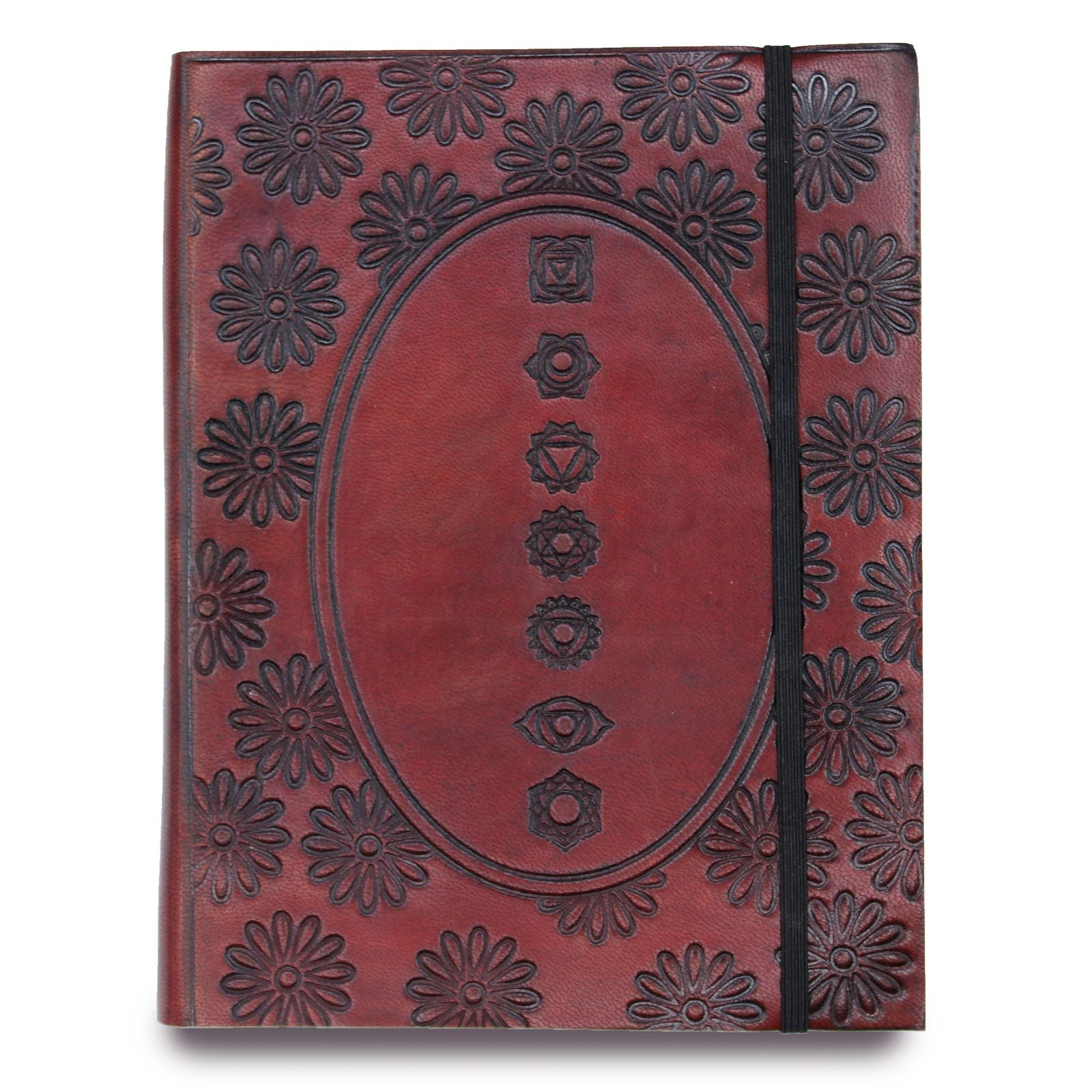 Tan vegetable leather medium notebook featuring an embossed seven chakra mandala design and an elastic closure strap.