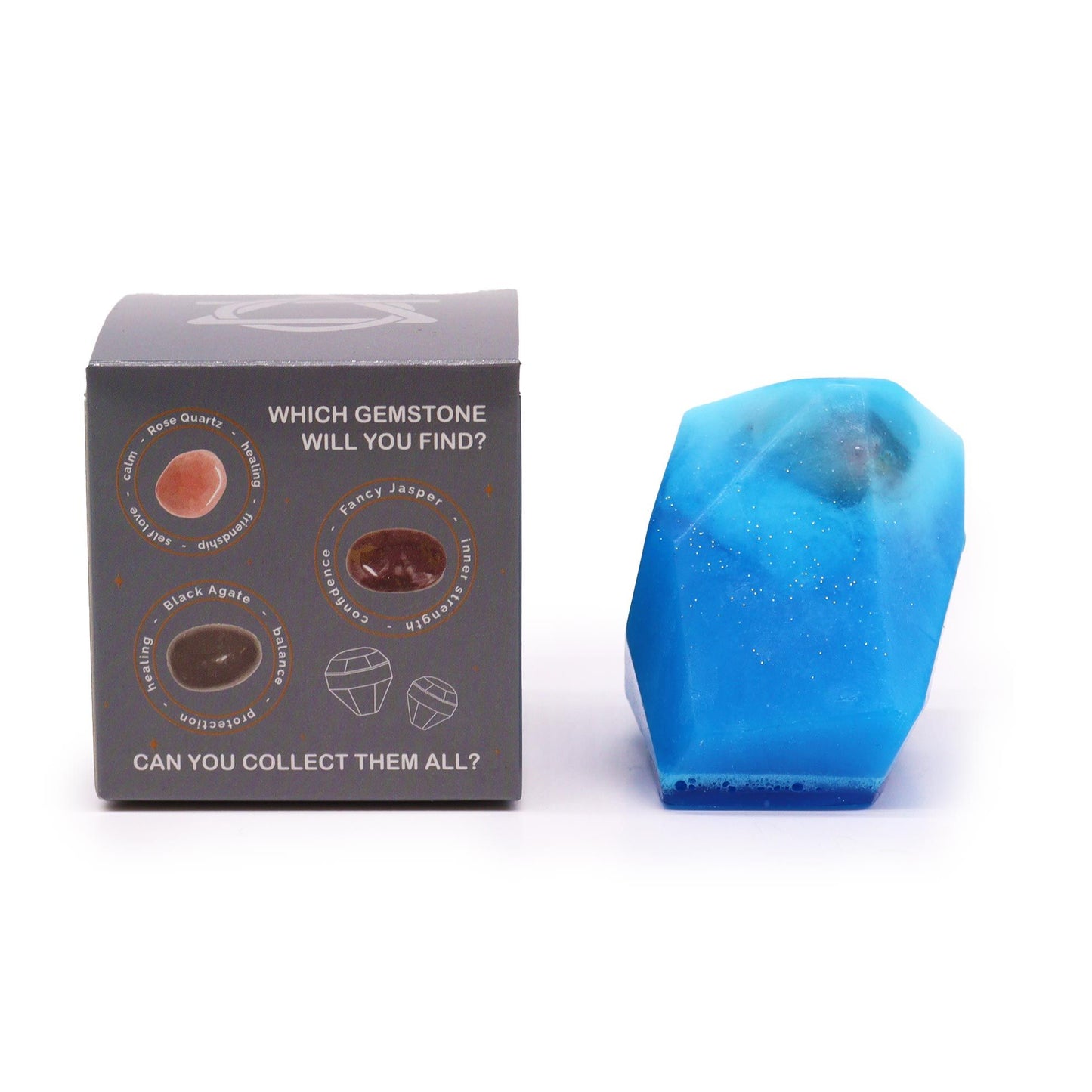Luxurious handcrafted blue stone-shaped soap with a crystalline texture in a decorative gift box.