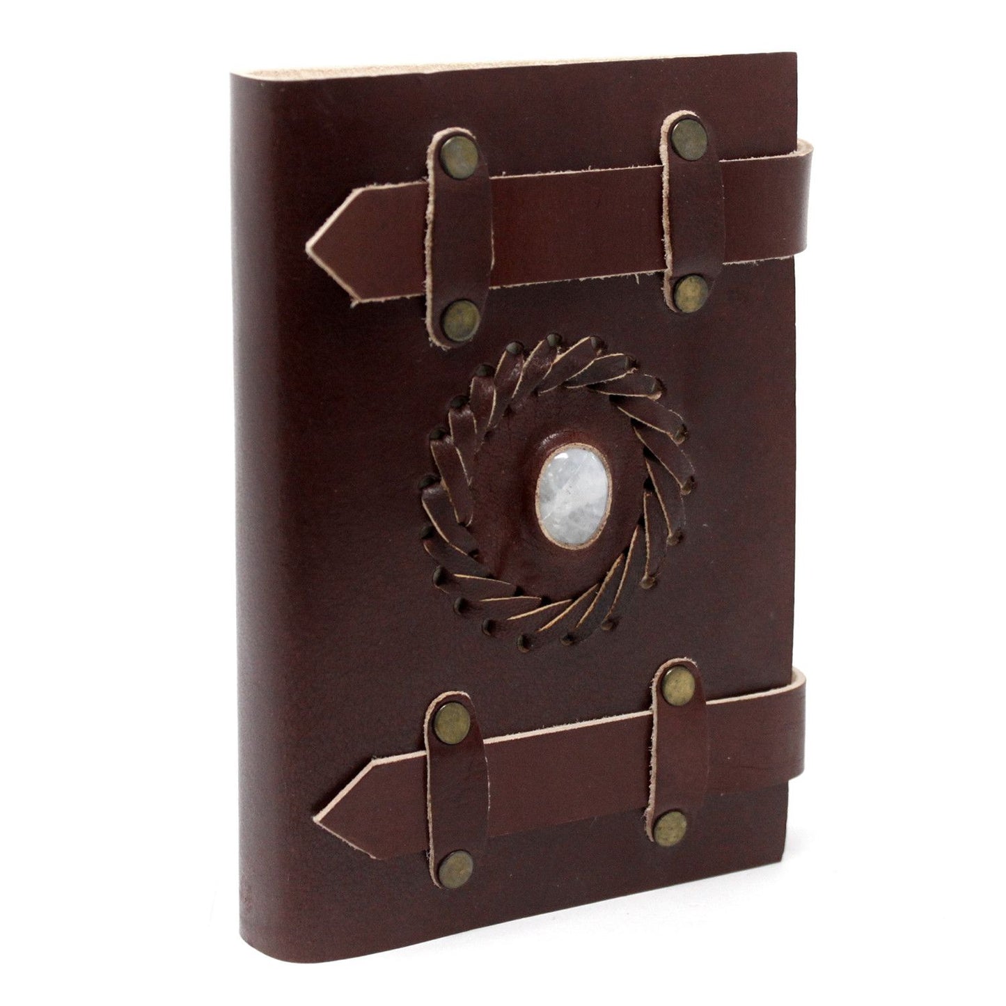 Handcrafted vintage leather notebook featuring a central moonstone, decorative belt buckles, and metal clasps.