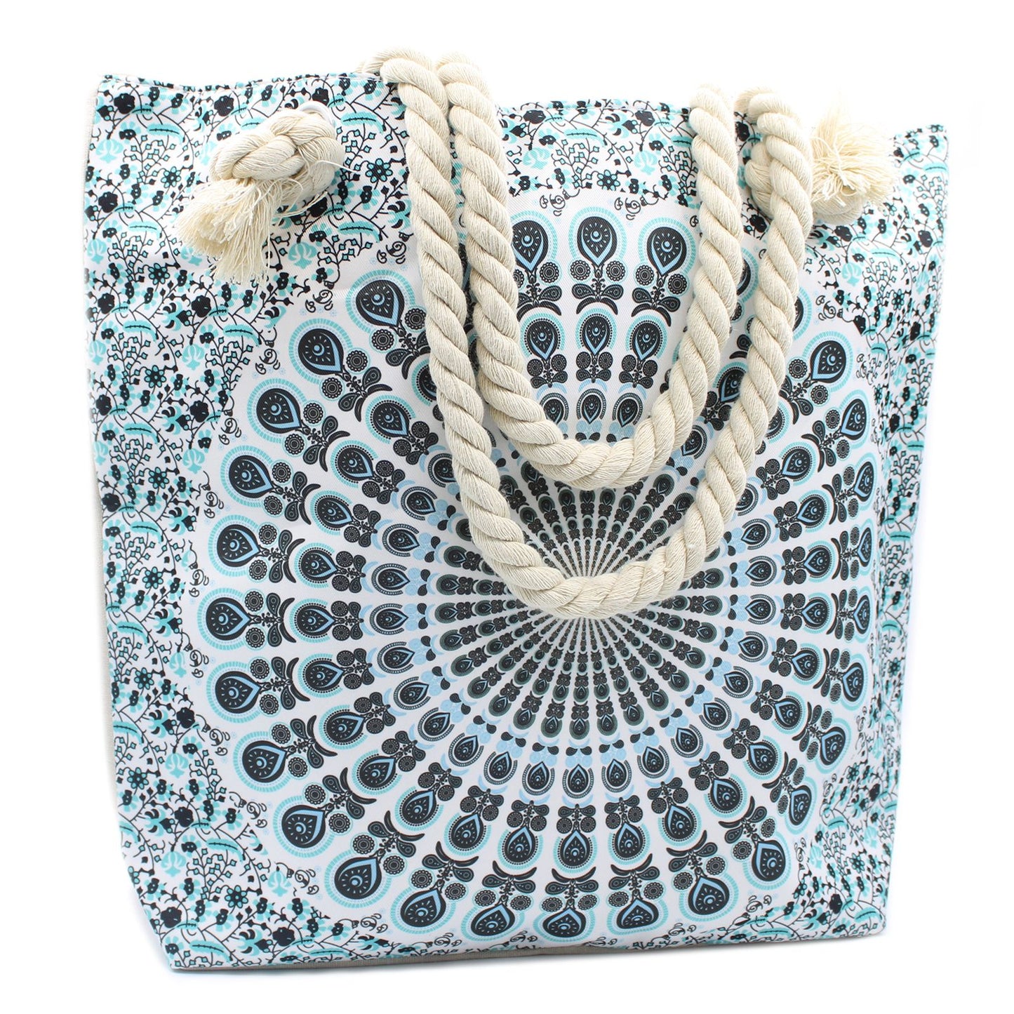 Large sky blue tote bag with an intricate white mandala pattern and thick cream rope handles.