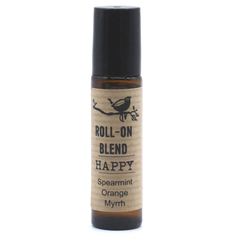 Amber glass 10ml roll-on bottle with a black cap, containing a clear essential oil blend for topical application.