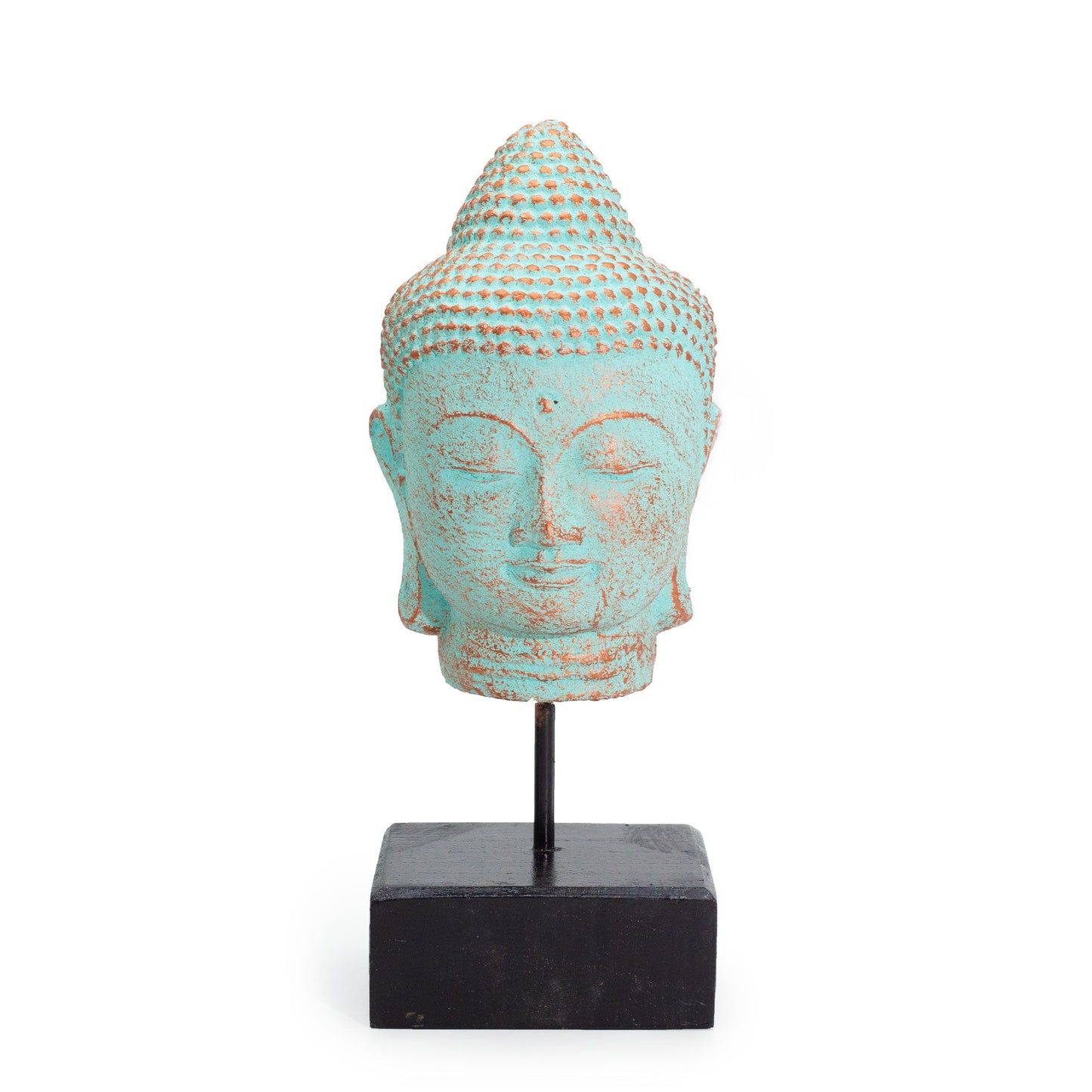 Serene Buddha head statue with a textured green copper finish mounted on a black square display stand.
