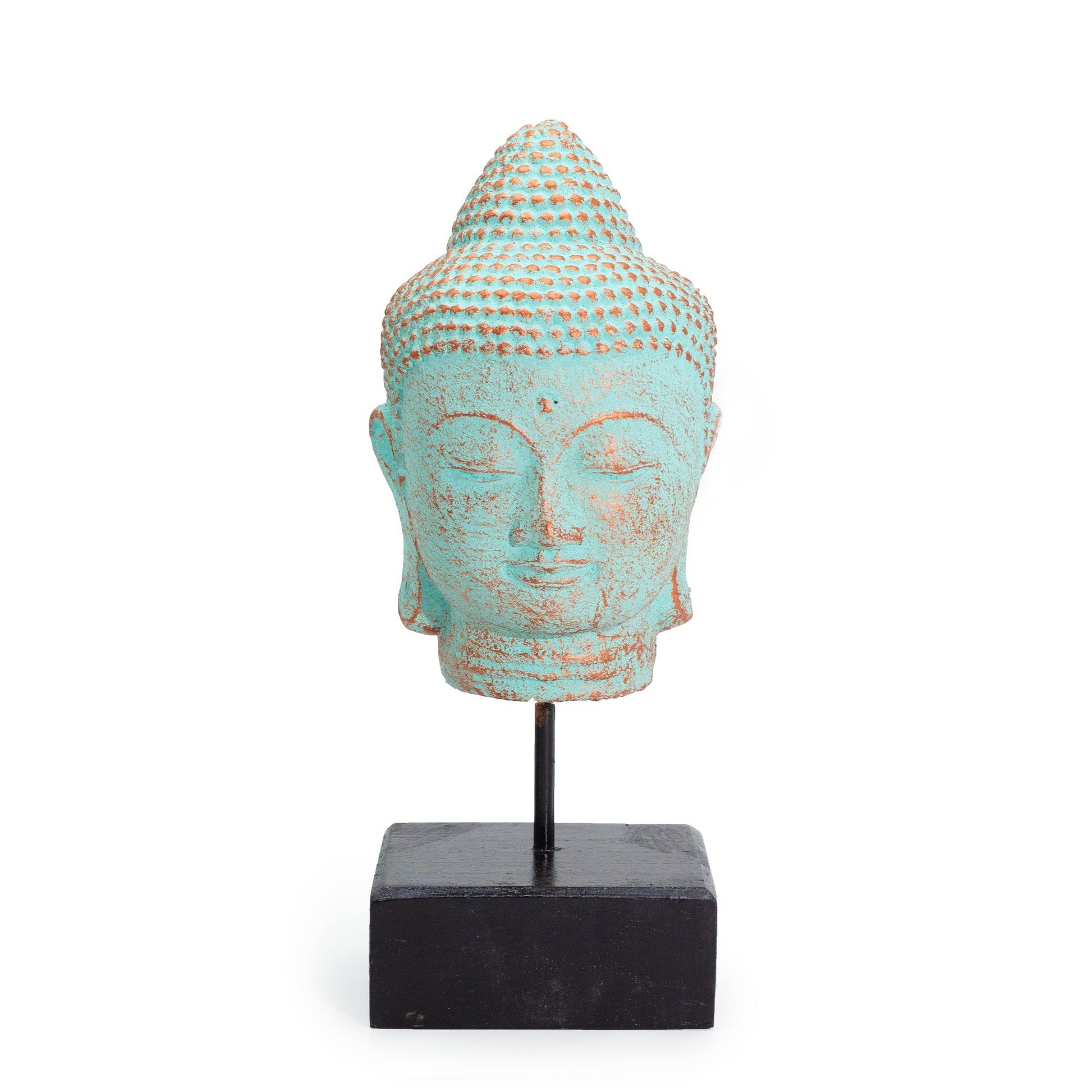 Serene Buddha head statue with a textured green copper finish mounted on a black square display stand.