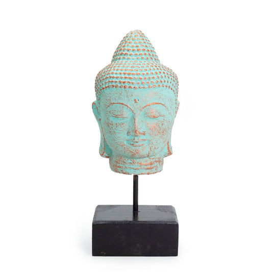 Serene Buddha head statue with a textured green copper finish mounted on a black square display stand.