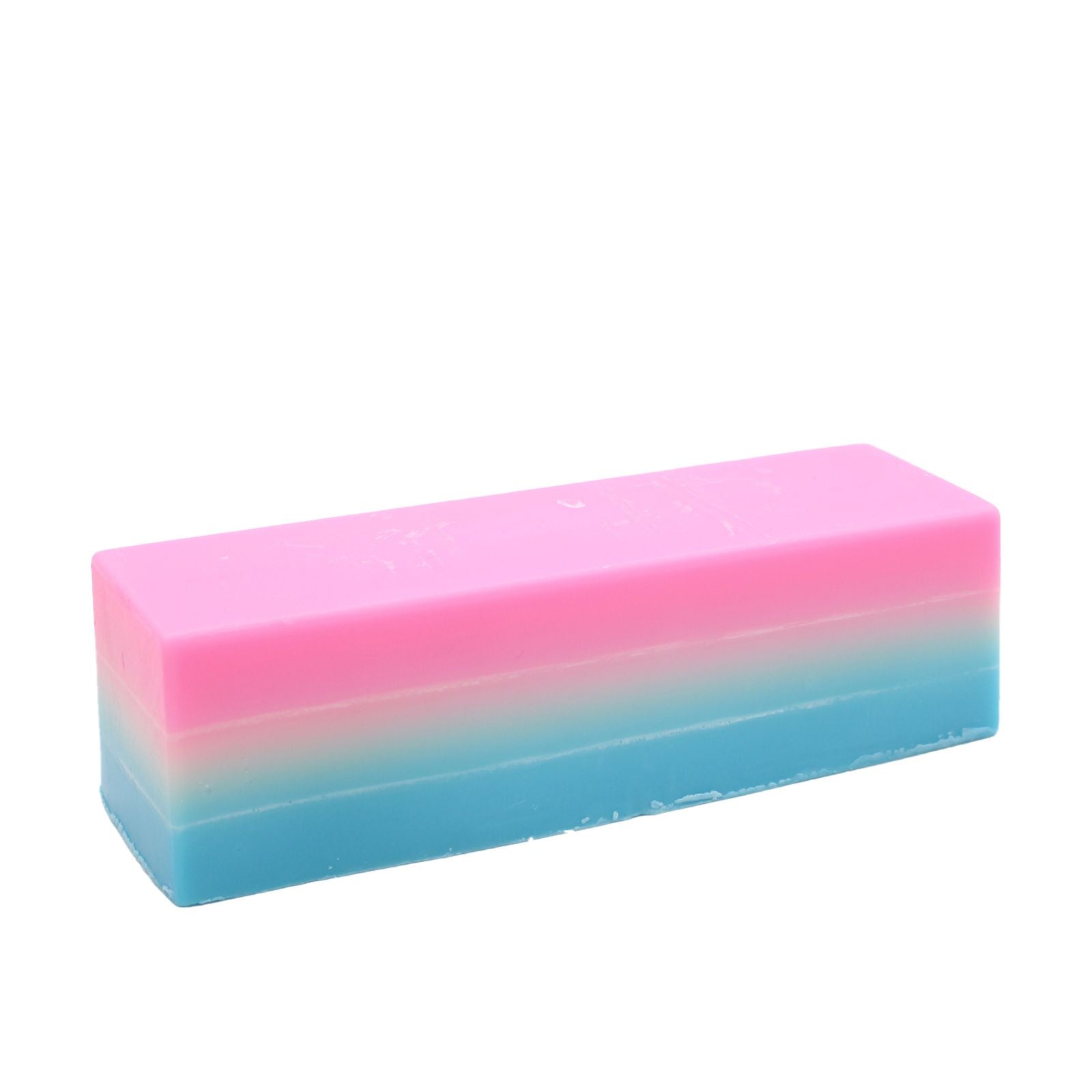 Hand-crafted soap loaf with three pastel coloured layers and a textured top, showing a soft floral baby powder theme.