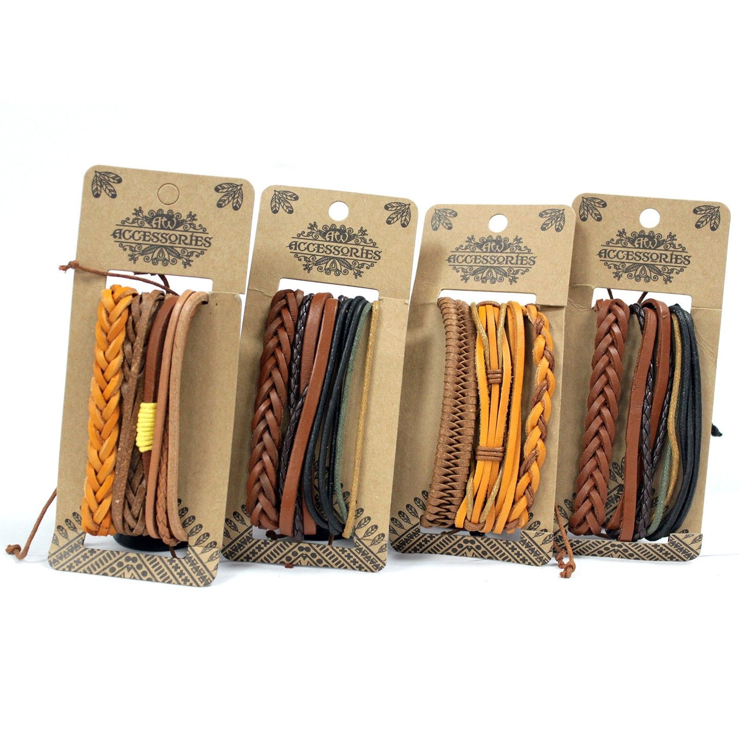 Stack of men's leather bracelets featuring earthy tanned tones and decorative metal charms with an adjustable cord.