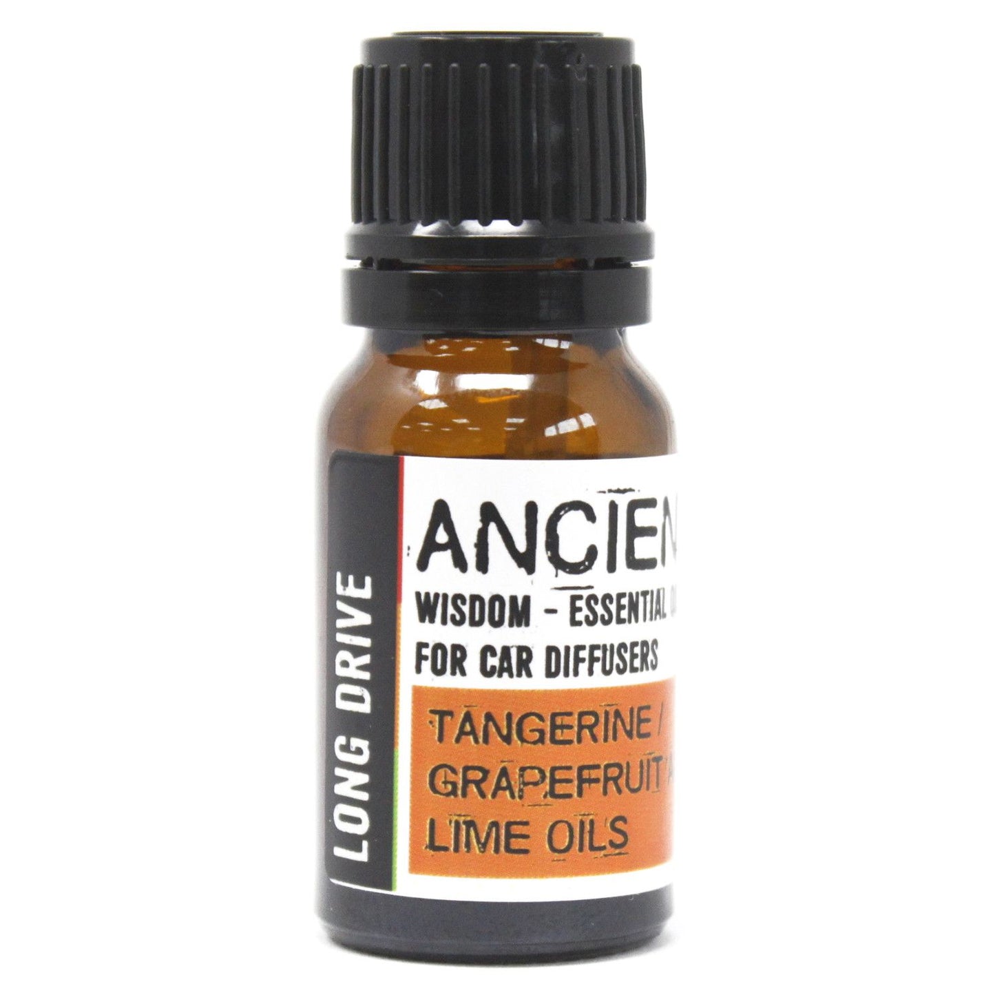 A 10ml amber glass bottle of essential oil blend for car diffusers with a bright citrus themed label.