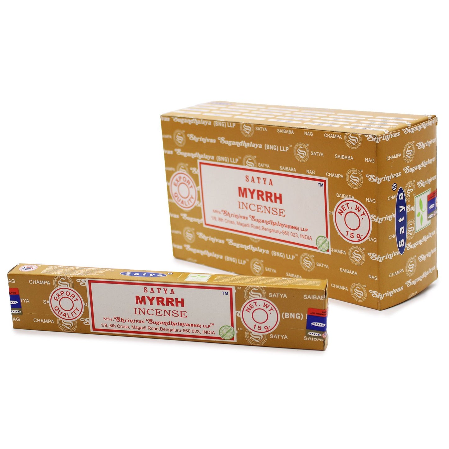 Hand-rolled incense sticks with a traditional Myrrh scent, displayed in their signature blue and white packaging.