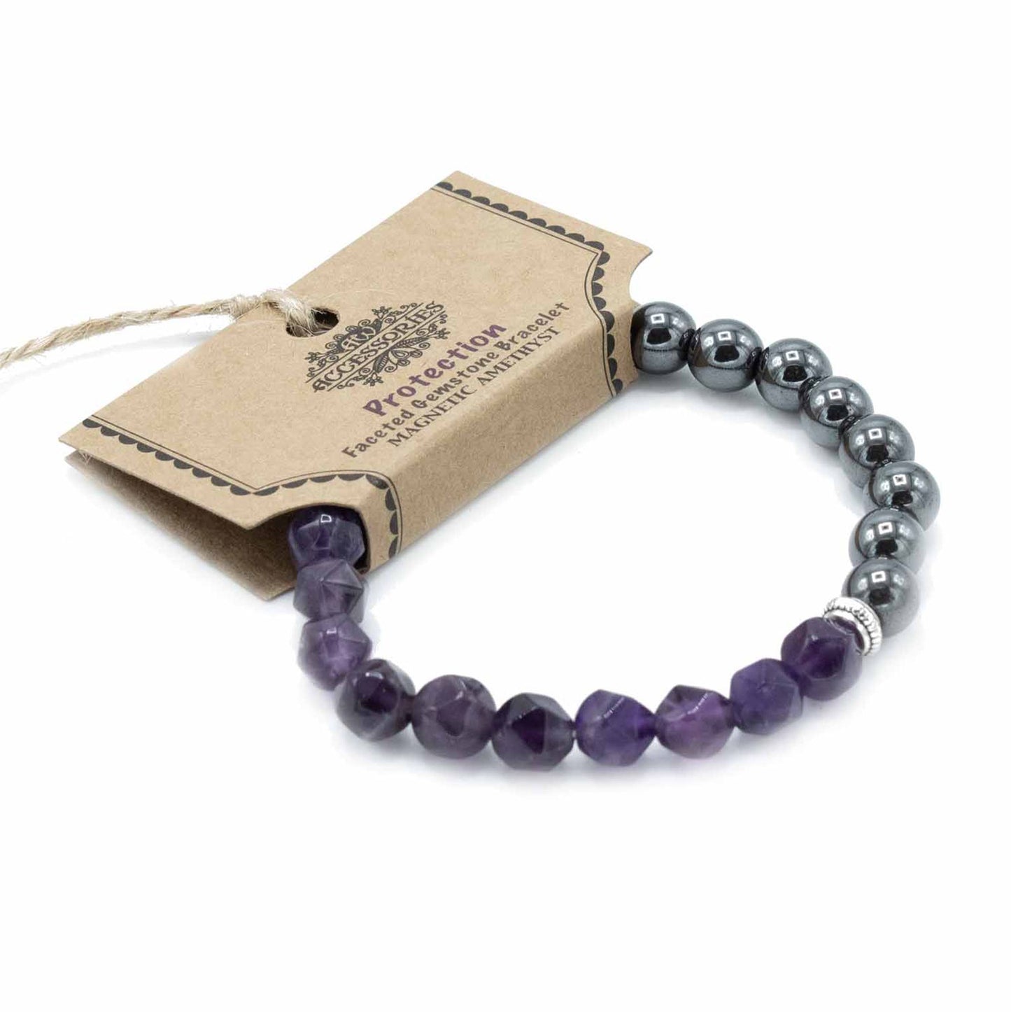 Sparkling faceted amethyst gemstone beads on a magnetic bracelet, reflecting light with a polished purple finish.