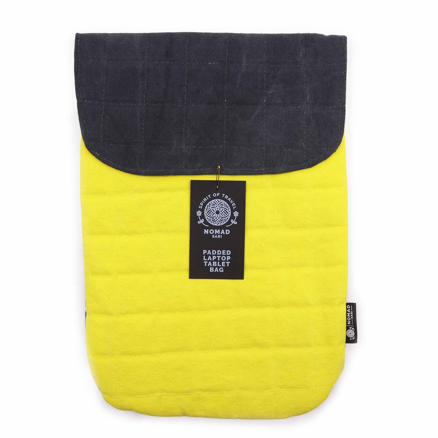Bright yellow 13-inch padded laptop pouch made from quilted stonewashed cotton with a secure zip closure.